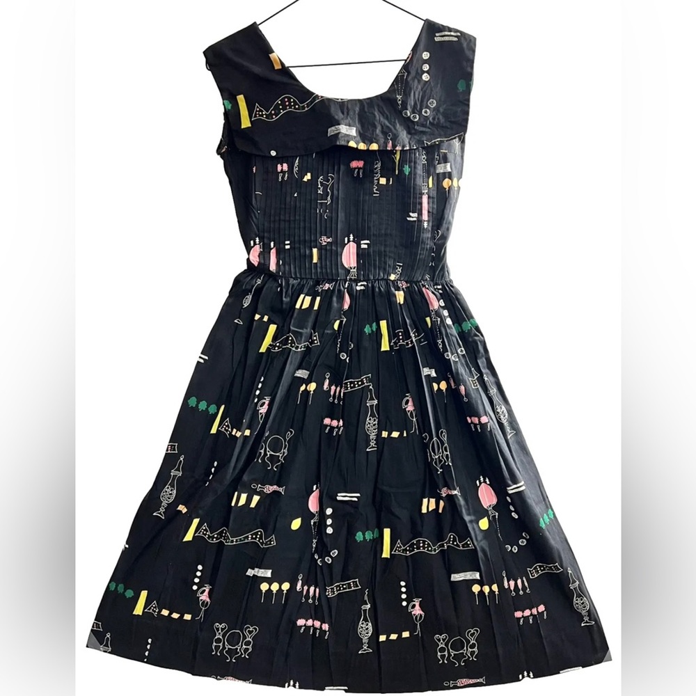 Vintage 1950s Gay Gibson Black Sundress With Novelty Print "Apothecary Shop"